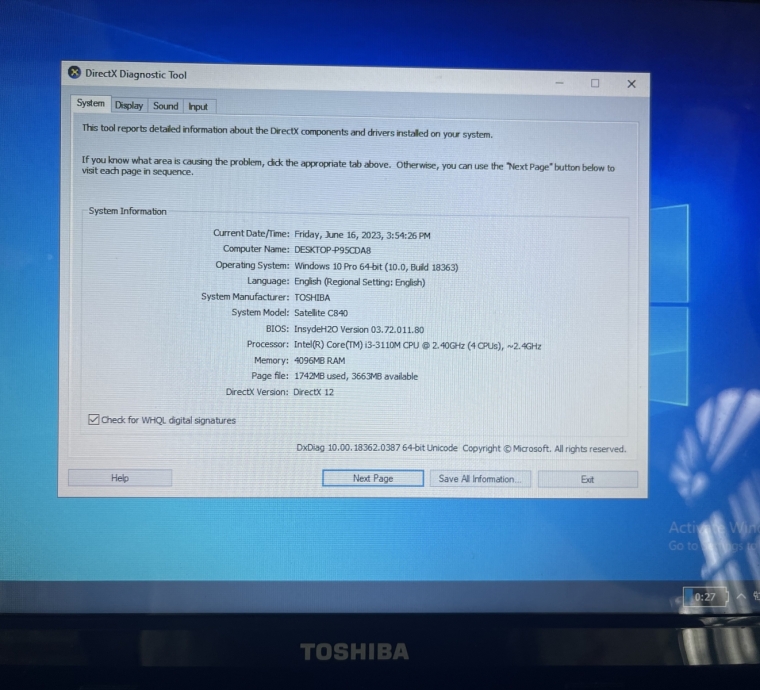 LAPTOP TOSHIBA C840 i3-3110M/RAM4GB/SSD128/PIN TỐT